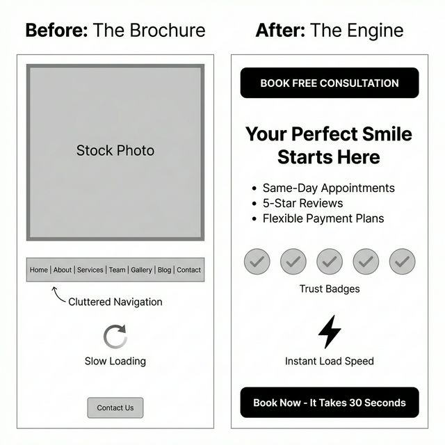 Before: The Brochure vs After: The Engine - comparison of dental website designs
